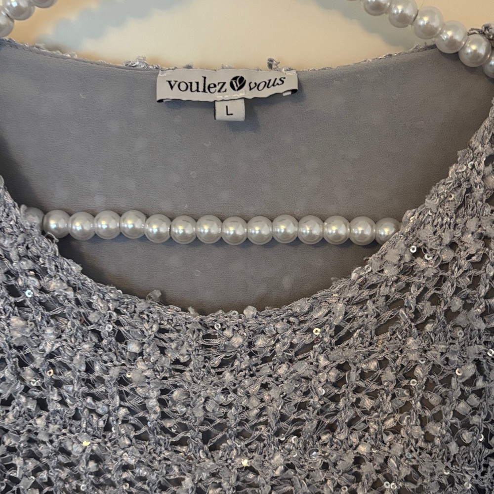 Ladies silver dressy Sweater. Sz L - Picture 2 of 12